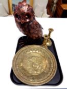 A tray of metal sculpture of an owl together with two brass embossed plaques and pair of antique