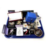 A tray of costume jewellery, compact, pens etc.