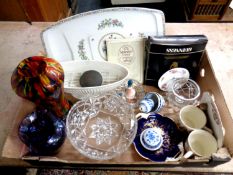 A box containing miscellaneous to include commemorative ware, glass bowl, art glass vases,