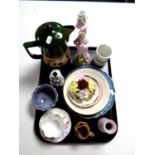 A tray containing miscellaneous to include Shelley teacup and saucer, stoneware coffee pot,