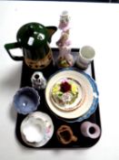 A tray containing miscellaneous to include Shelley teacup and saucer, stoneware coffee pot,