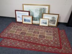 A pair of Ikea Persian patterned runners together with five framed pictures