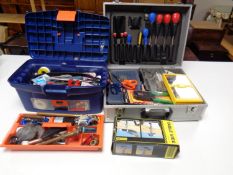 A plastic toolbox and an aluminium case containing a large quantity of assorted hand tools,