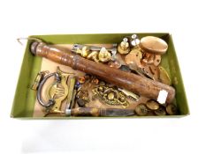 A box containing miscellaneous to include wooden truncheon, brass door furniture, pocket knives,