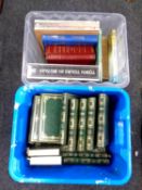 A suitcase Itek record player together with two boxes of books to include Reader's Digest novels,