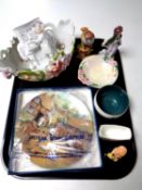 A tray containing assorted ceramics to include continental figures, Maling dish, Denby sugar basin,