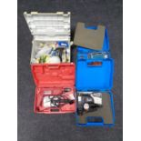 A cased Power Devil hammer drill together with cased jigsaw and sander,