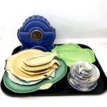 A tray of ceramic to include Art Deco mantel clock, Carlton Ware Art Deco dish,