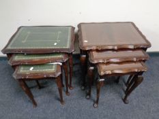 Two nests of three glass and leather topped tables