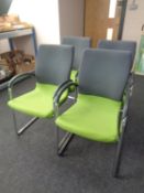 A set of five Ahrend tubular metal and two tone fabric upholstered office armchairs