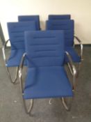 A set of five LD tubular metal and blue fabric office armchairs