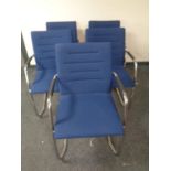 A set of five LD tubular metal and blue fabric office armchairs