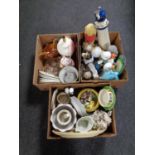 Three boxes containing miscellaneous to include planters, animal ornaments, hen egg dishes,