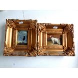 Two miniature oils on board depicting a dog and bird,