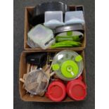 Two boxes containing kitchenalia to include utensils, plastic storage boxes, Pyrex dishes,