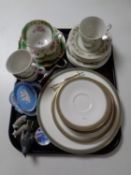 A tray of part Royal Doulton Tonkin and Clarendon tea china, Paragon china trio,