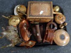 A tray of treen trinket boxes and lidded dishes, wooden darning tool, brass kettle,