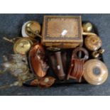 A tray of treen trinket boxes and lidded dishes, wooden darning tool, brass kettle,