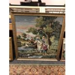 A gilt framed tapestry depicting a hunt,