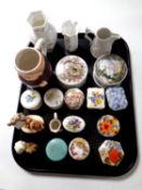 A tray of assorted ceramics to include Portmeirion jug, vases, antique and later lidded pots,