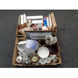 Two boxes containing miscellany to include Aynsley bowl, assorted drinking glasses,