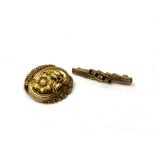 A 9ct gold ruby bar brooch together with a further 9ct gold brooch set with a pearl (2)