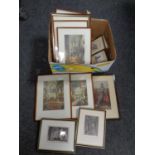 A box of antiquarian and later prints to include cathedral interiors,