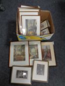 A box of antiquarian and later prints to include cathedral interiors,