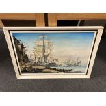 Robert Turnbull : Tall ships on a quay, oil on board, 74 cm x 49 cm, signed, framed.