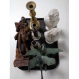 A tray of two chalk busts of Beethoven and Handel, carved wooden figure, candlesticks,