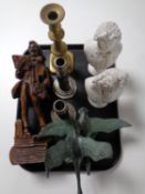 A tray of two chalk busts of Beethoven and Handel, carved wooden figure, candlesticks,