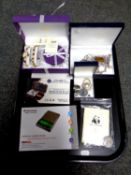 A tray of costume jewellery, lady's bracelet and watch set, WWF coin,