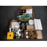 Three boxes of miscellany to include umbrellas, mugs, fan heater, garden ornaments, pond guard,