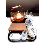 A tray of costume jewellery, assorted glass ware, antique copper kettle, cased cake forks,