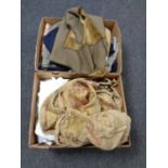 Two boxes of assorted clothing to include Barbour waistcoat, material,