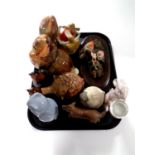 A tray containing assorted ceramic and resin animal ornaments to include Sylvac rabbit
