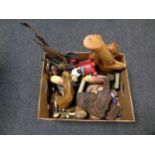 A box containing wooden animal ornaments to include fish bookends, ducks,