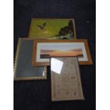 A gilt framed bevelled edge mirror together with a framed needlework coronation calendar 1937,