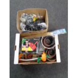 A box containing miscellaneous including plant pots, paint roller system,
