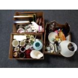 Three boxes containing miscellaneous to include vases, shaving mirror, cabinet china,