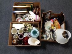 Three boxes containing miscellaneous to include vases, shaving mirror, cabinet china,