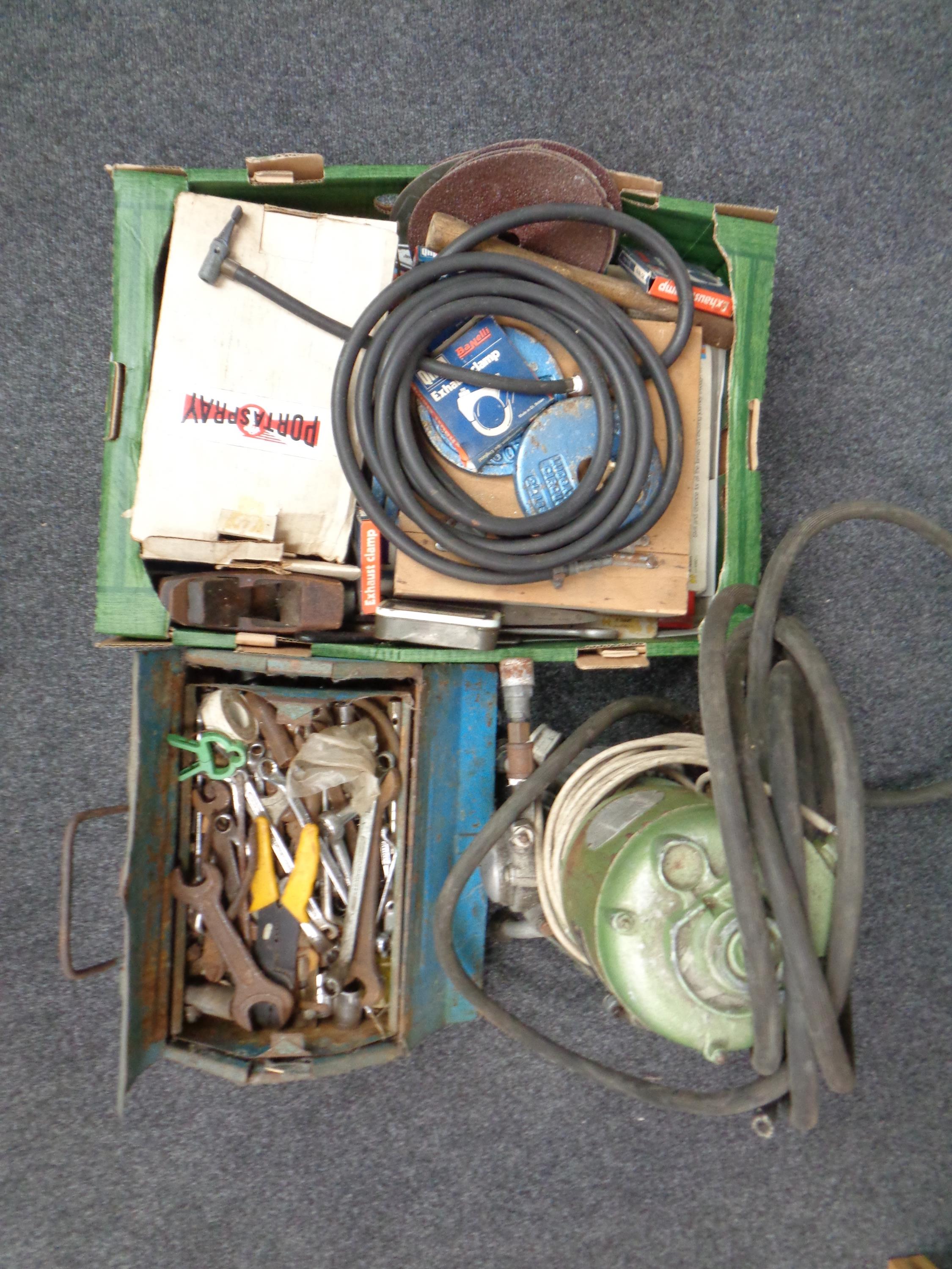 A toolbox and a further box containing assorted hand tools, spray gun,