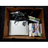 A box containing an X Box 360, leads,