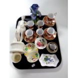 A tray containing six china craft coffee cans and saucers, Parian figure, Torquay ware dish,