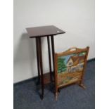 An oak tapestry fire screen together with an Edwardian plant stand