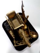 A tray containing assorted brass ware to include horse and cart figures, balance scales,