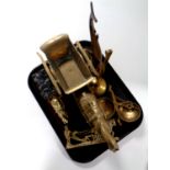 A tray containing assorted brass ware to include horse and cart figures, balance scales,