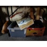 A box and a crate of miscellany to include picture frames, cushions, flask, flexi light, lap tray,