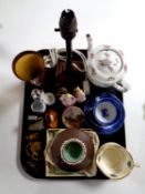 A tray of miscellany to include antique copper lamp base, Bakelite silver rimmed beaker,