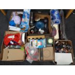 Five boxes of miscellany to include military helmet, costume jewellery, disc drive,